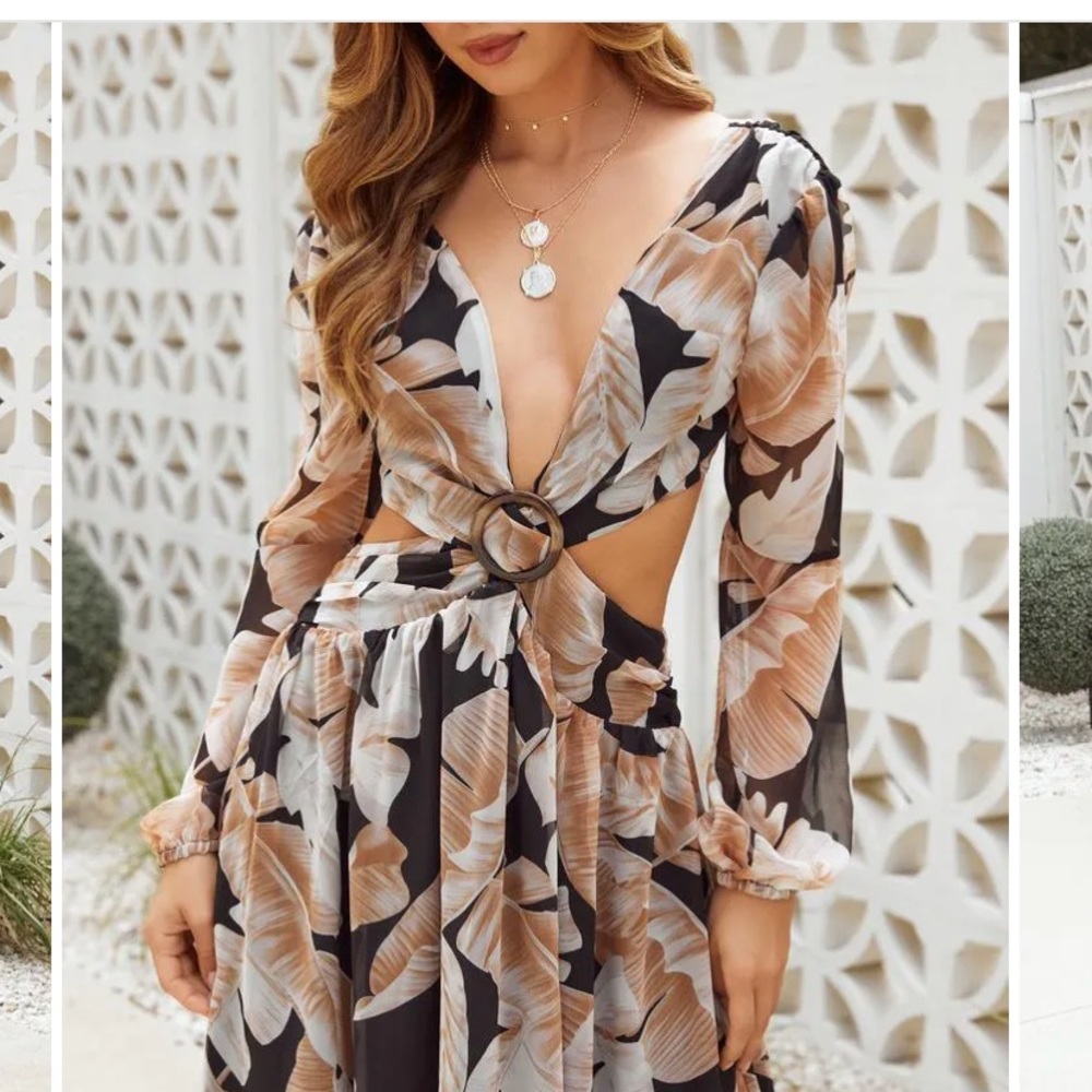 VICI Flume Palm Print Cutout Slit Maxi Dress